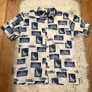 Puritan Yatch Landscape Prints Vacation Button Down Short Sleeves Mens Shirt M